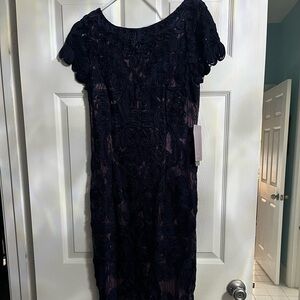 JS Collection blue lace, pink undertone, cap sleeve floor length dress